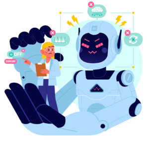 Illustration of a robot holding a worried human, symbolizing risks and limitations with AI such as errors, misalignment, and lack of human control.