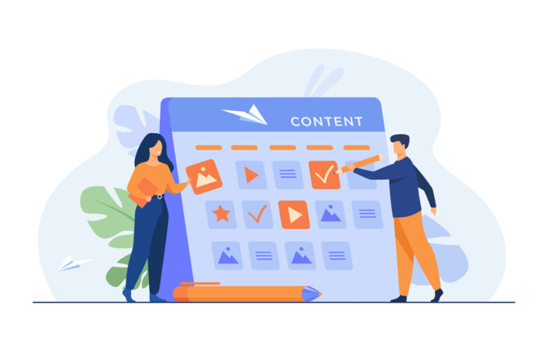 Illustration of two people organizing a digital content calendar, symbolizing structured planning for accessible web content following WCAG guidelines.