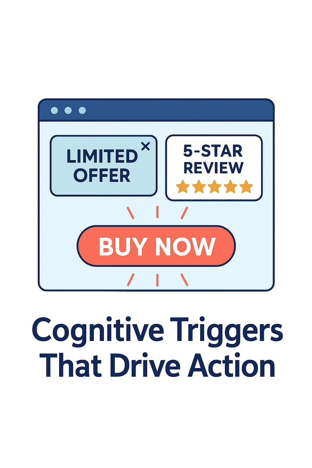From Bounce to Buy: How UX Psychology Converts Visitors into Customers 1 Illustration showing cognitive triggers like urgency, social proof, and CTA buttons for conversions.