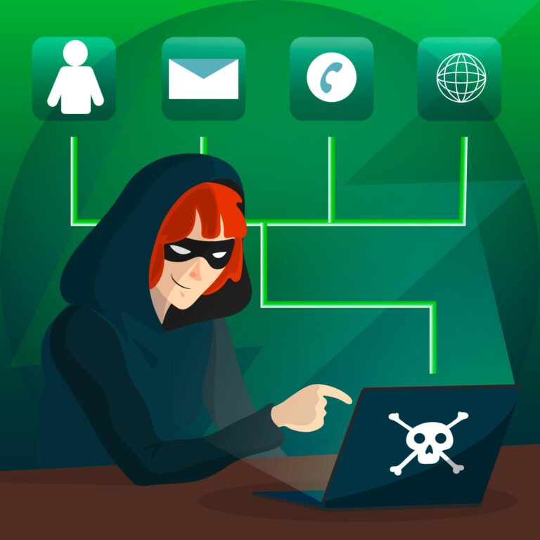 Illustration of a hacker in a hoodie using a laptop with a skull symbol, representing the threat of misinformation, data manipulation, and deepfake technology in digital marketing and AI ethics.