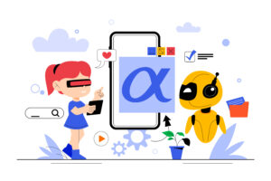 Illustration of a woman using a tablet and interacting with a friendly yellow robot, symbolizing collaboration between humans and artificial intelligence in ethical and human-centered marketing.