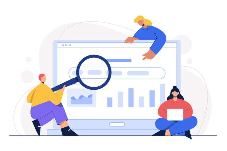 The Rise of Zero-Click Searches and How Brands Can Still Win 1 Illustration of people analyzing search results with a magnifying glass, representing strategies for optimizing content for featured snippets and improving on-SERP visibility.