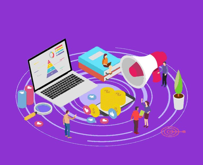Colorful isometric illustration of digital marketing strategy including SEO analytics