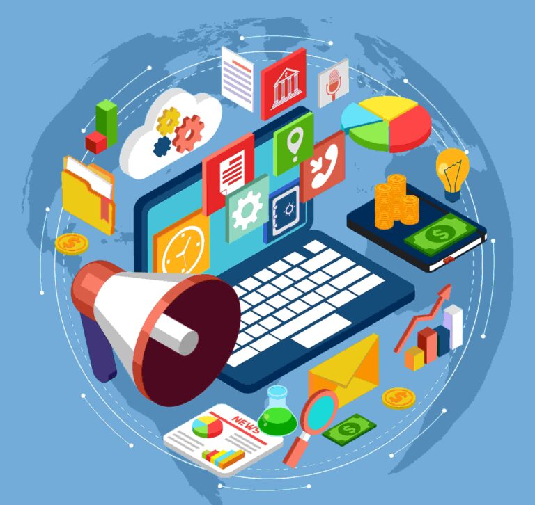 Modern digital marketing ecosystem graphic on blue globe background